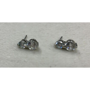 IS Signed Silver Tone Clear Cubic Zirconia 2 Stone Stud Dangle Pierced Earrings